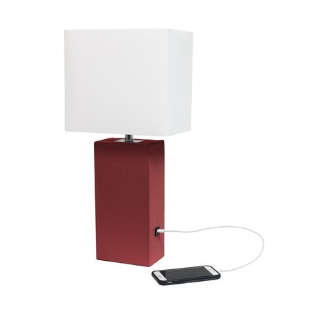 Lalia Home 21 Leather Base Table Lamp with USB Charging Port , White Rectangular Shade, Red LHT-3012-RE